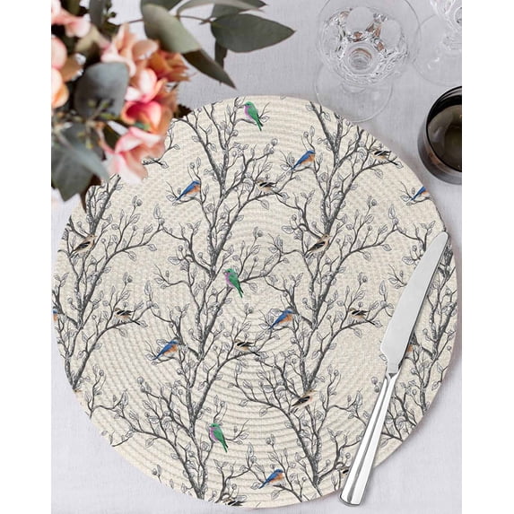 13 Inch Round Placemats Set of 4, Natural Trees Non Slip Heat Insulation PP Table Mats, Colored Birds on Branches Retro Rustic Washable Place Mats for Kitchen Dining Party Table Decor