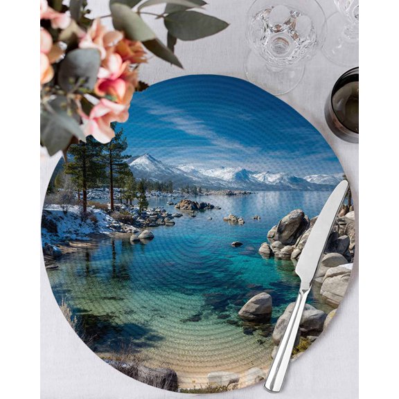 13 Inch Round Placemats Set of 4, Nature Forest Non Slip Heat Insulation PP Table Mats, Blue Sky Mountain Stone Lake Landscape Washable Place Mats for Kitchen Dining Party Table Decor