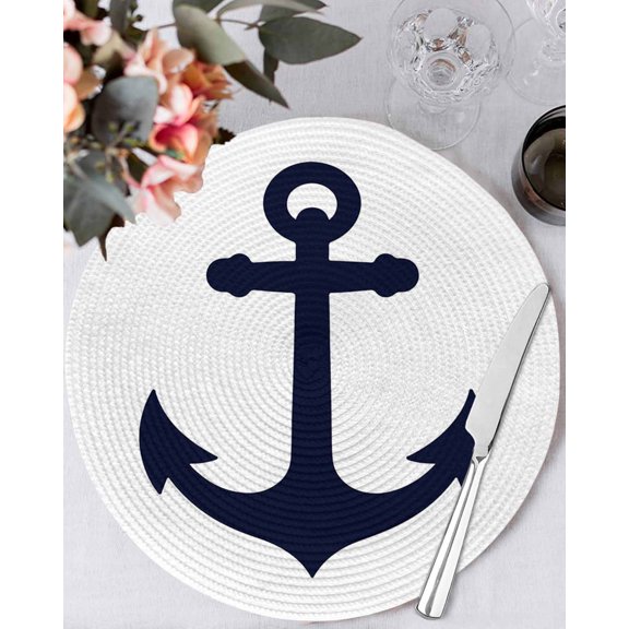 13 Inch Round Placemats Set of 4, Nautical Anchor Non Slip Heat Insulation PP Table Mats, Farmhouse Minimalist White Abstract Art Washable Place Mats for Kitchen Dining Party Table Decor