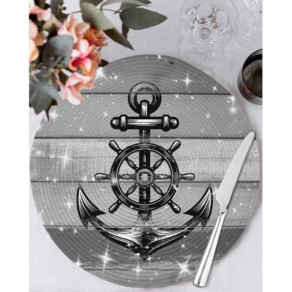 13 Inch Round Placemats Set of 4, Nautical Anchor Non Slip Heat Insulation PP Table Mats, Rudder Stars Retro Black Grey Wooden Grain Washable Place Mats for Kitchen Dining Party Table Decor