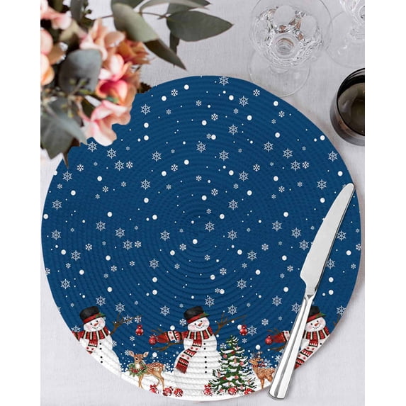 13 Inch Round Placemats Set of 4, Navy Blue Christmas Non Slip Heat Insulation PP Table Mats, Snowman Snowflake Xmas Tree Ball Elk Washable Place Mats for Kitchen Dining Party Table Decor