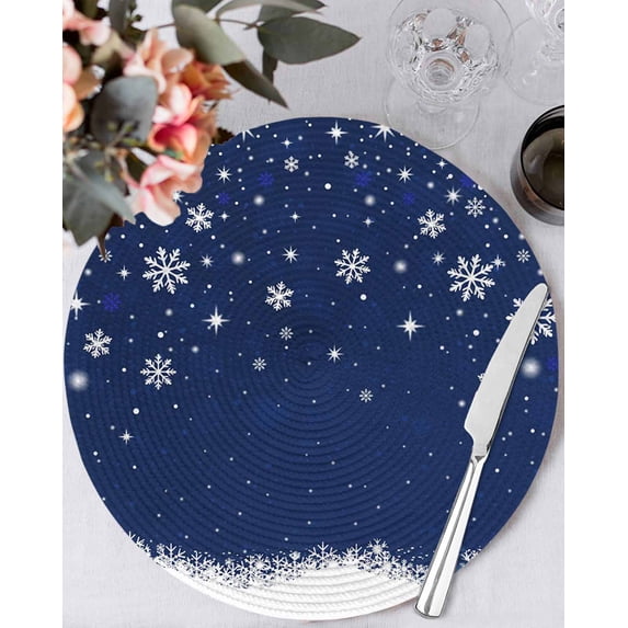 13 Inch Round Placemats Set of 4, Navy Blue Christmas Non Slip Heat Insulation PP Table Mats, Xmas Snowflake Ball Winter Snowflake Washable Place Mats for Kitchen Dining Party Table Decor