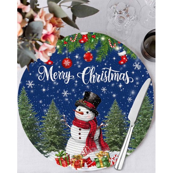 13 Inch Round Placemats Set of 4, Navy Blue Christmas Non Slip Heat Insulation PP Table Mats, Xmas Tree Ball Snowflake Winter Gifts Washable Place Mats for Kitchen Dining Party Table Decor