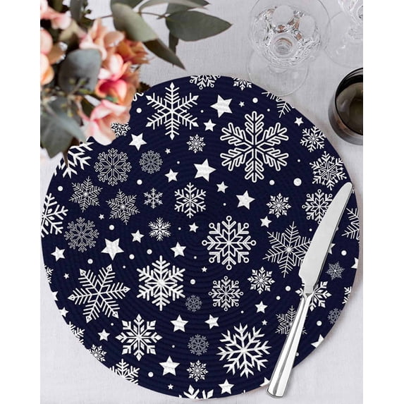 13 Inch Round Placemats Set of 4, Navy Blue Christmas Snowflakes Non Slip Heat Insulation PP Table Mats, Xmas Winter Modern Washable Place Mats for Kitchen Dining Party Table Decor