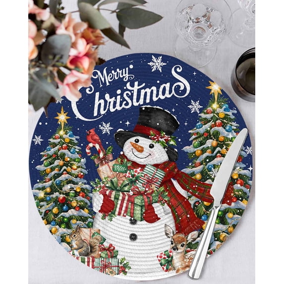13 Inch Round Placemats Set of 4, Navy Blue Christmas Snowman Non Slip Heat Insulation PP Table Mats, Xmas Tree Snowflake Botanical Washable Place Mats for Kitchen Dining Party Table Decor