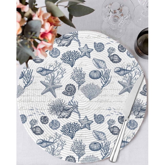 13 Inch Round Placemats Set of 4, Navy Blue Coastal Non Slip Heat ...