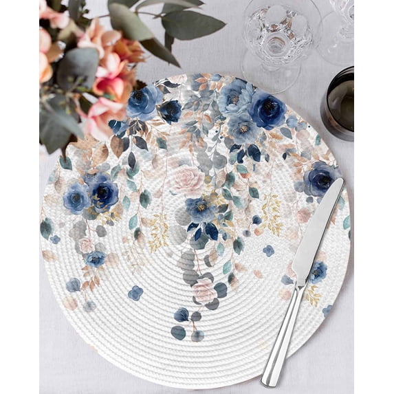 13 Inch Round Placemats Set of 4, Navy Blue Flowers Non Slip Heat Insulation PP Table Mats, Spring Floral Elegant Pastoral Watercolor Washable Place Mats for Kitchen Dining Party Table Decor