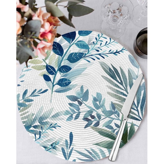 13 Inch Round Placemats Set of 4, Navy Blue Leaves Non Slip Heat Insulation PP Table Mats, Summer Botanical Farmhouse Watercolor Leaf Washable Place Mats for Kitchen Dining Party Table Decor