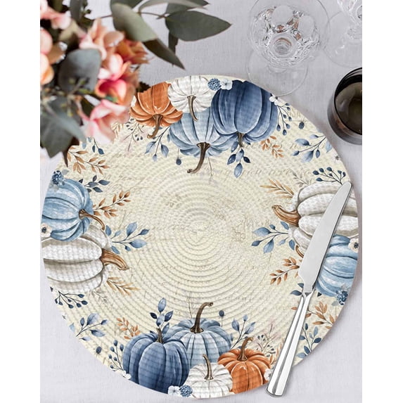 13 Inch Round Placemats Set of 4, Navy Blue Pumpkin Fall Non Slip Heat Insulation PP Table Mats, Leaves Thanksgiving Botanical Watercolor Washable Place Mats for Kitchen Dining Party Table Decor