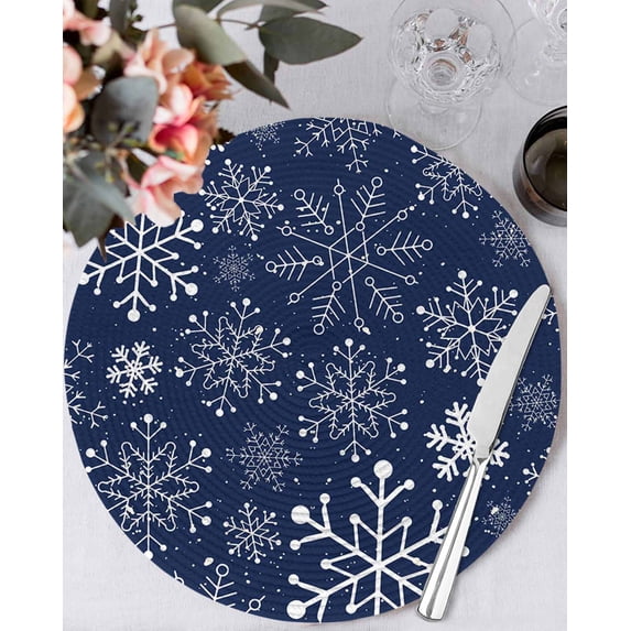13 Inch Round Placemats Set of 4, Navy Blue Snowflake Christmas Non Slip Heat Insulation PP Table Mats, Xmas Snowflake Washable Place Mats for Kitchen Dining Party Table Decor