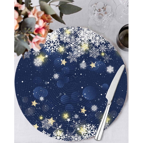 13 Inch Round Placemats Set of 4, Navy Blue Snowflake Christmas Non Slip Heat Insulation PP Table Mats, Xmas Winter Snowflake Modern Art Washable Place Mats for Kitchen Dining Party Table Decor