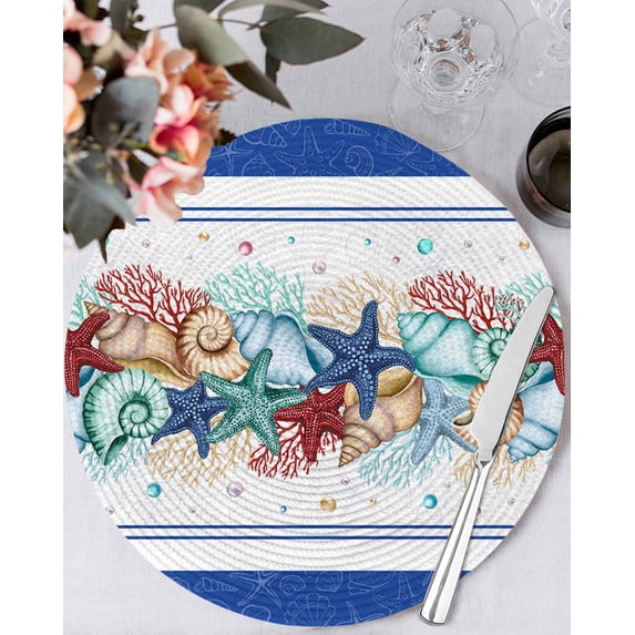 13 Inch Round Placemats Set of 4, Navy Starfish Summer Non Slip Heat Insulation PP Table Mats, Ocean Conch Coral Coastal Shell Washable Place Mats for Kitchen Dining Party Table Decor