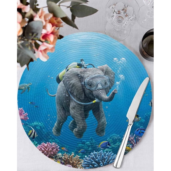13 Inch Round Placemats Set of 4, Ocean Diving Elephant Non Slip Heat Insulation PP Table Mats, Blue Coastal Coral Fish Marine Life Washable Place Mats for Kitchen Dining Party Table Decor
