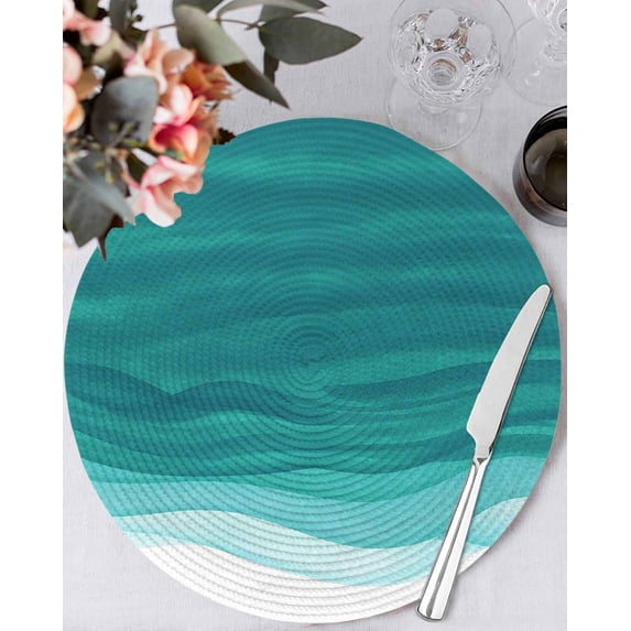 13 Inch Round Placemats Set of 4, Ombre Turquoise Waves Non Slip Heat Insulation PP Table Mats, Abstract Art Gradient Modern Washable Place Mats for Kitchen Dining Party Table Decor