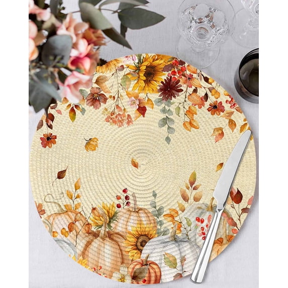 13 Inch Round Placemats Set of 4, Orange Fall Non Slip Heat Insulation PP Table Mats, Thanksgiving Pumpkins Sunflower Yellow Washable Place Mats for Kitchen Dining Party Table Decor