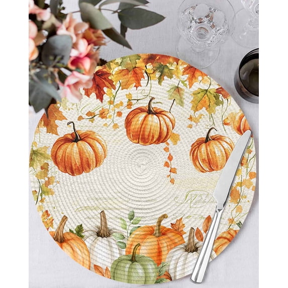 13 Inch Round Placemats Set of 4, Orange Green Pumpkins Fall Non Slip Heat Insulation PP Table Mats, Thanksgiving Botanical Washable Place Mats for Kitchen Dining Party Table Decor