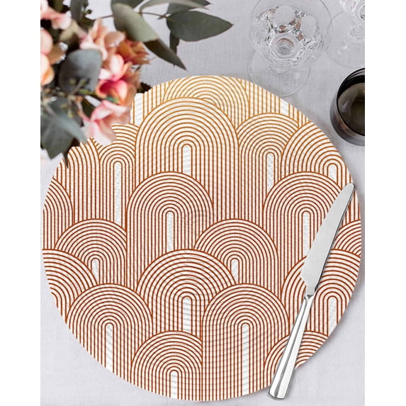 13 Inch Round Placemats Set of 4, Orange Ombre Non Slip Heat Insulation PP Table Mats, Farmhouse Stripes Modern Abstract Art Washable Place Mats for Kitchen Dining Party Table Decor