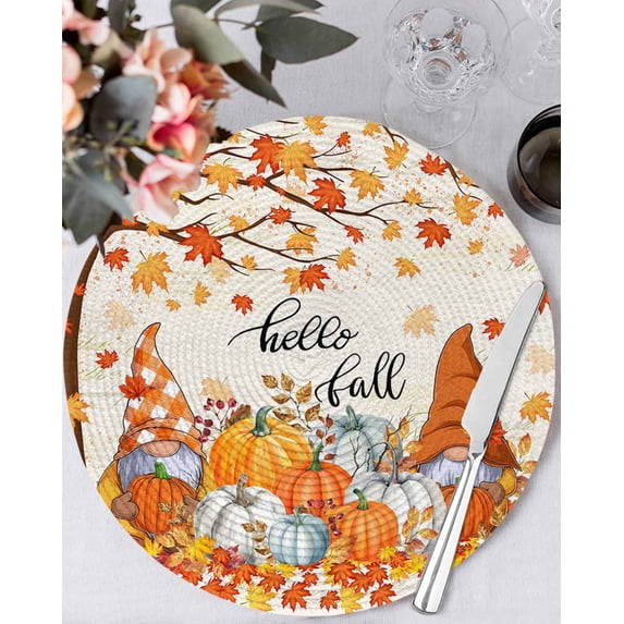 13 Inch Round Placemats Set of 4, Orange Pumpkin Gnomes Fall Non Slip Heat Insulation PP Table Mats, Branches Thanksgiving Leaves Washable Place Mats for Kitchen Dining Party Table Decor