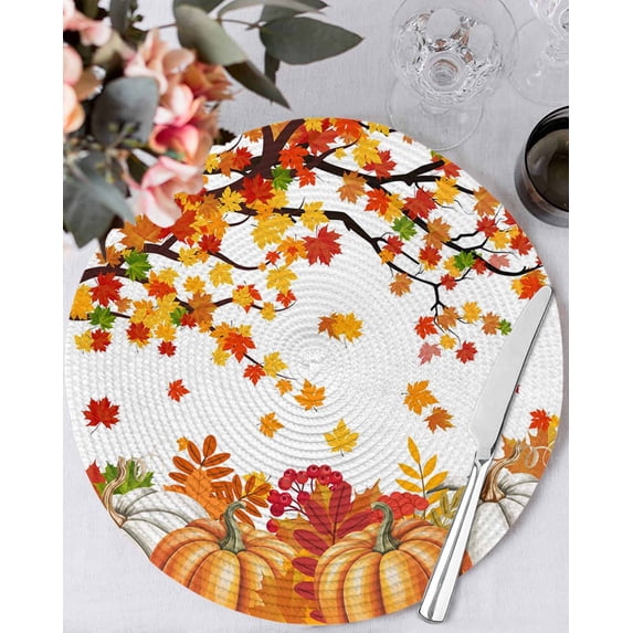 13 Inch Round Placemats Set of 4, Orange Pumpkins Fall Non Slip Heat Insulation PP Table Mats, Maple Leaf Thanksgiving Botanical Washable Place Mats for Kitchen Dining Party Table Decor