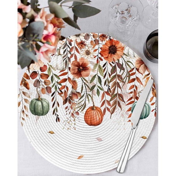 13 Inch Round Placemats Set of 4, Orange Teal Fall Non Slip Heat Insulation PP Table Mats, Weeping Botanical Pumpkins Thanksgiving Washable Place Mats for Kitchen Dining Party Table Decor