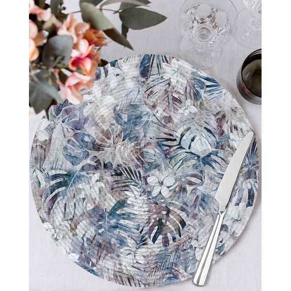 13 Inch Round Placemats Set of 4, Palm Leaves Non Slip Heat Insulation PP Table Mats, Spring Tropical Leaf Botanical Vintage Blue Washable Place Mats for Kitchen Dining Party Table Decor