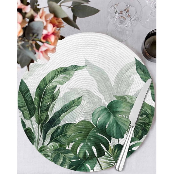 13 Inch Round Placemats Set of 4, Palm Leaves Tropical Non Slip Heat Insulation PP Table Mats, Green Botanical Summer Washable Place Mats for Kitchen Dining Party Table Decor
