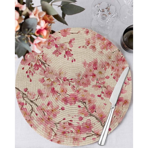 13 Inch Round Placemats Set of 4, Peaches Branches Non Slip Heat Insulation PP Table Mats, Farmhouse Spring Botanical Pink Flowers Washable Place Mats for Kitchen Dining Party Table Decor