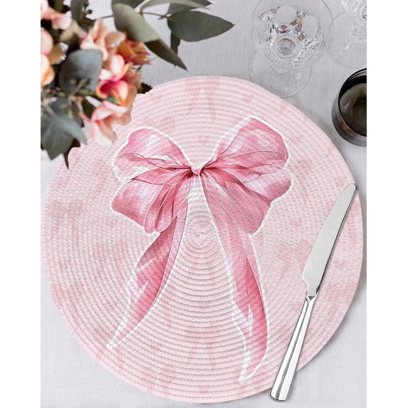 13 Inch Round Placemats Set of 4, Pink Bow Non Slip Heat Insulation PP Table Mats, Cute Watercolor Girls Cartoon Luxury Washable Place Mats for Kitchen Dining Party Table Decor