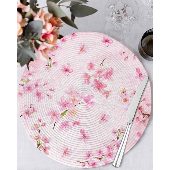 13 Inch Round Placemats Set of 4, Pink Cherry Non Slip Heat Insulation PP Table Mats, Spring Botanical Blossoms Flowers Floral Washable Place Mats for Kitchen Dining Party Table Decor