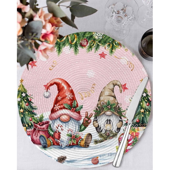 13 Inch Round Placemats Set of 4, Pink Christmas Non Slip Heat Insulation PP Table Mats, Gnomes Xmas Tree Snowflake Gifts Washable Place Mats for Kitchen Dining Party Table Decor