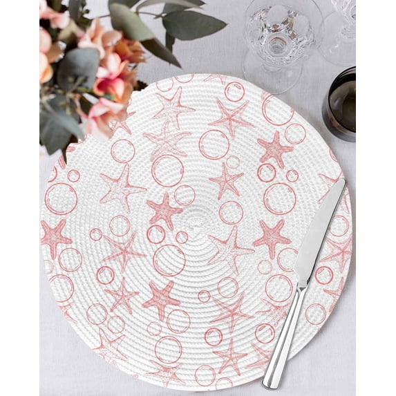 13 Inch Round Placemats Set of 4, Pink Coastal Non Slip Heat Insulation PP Table Mats, Starfish Nautical Ocean Sea Wooden Washable Place Mats for Kitchen Dining Party Table Decor