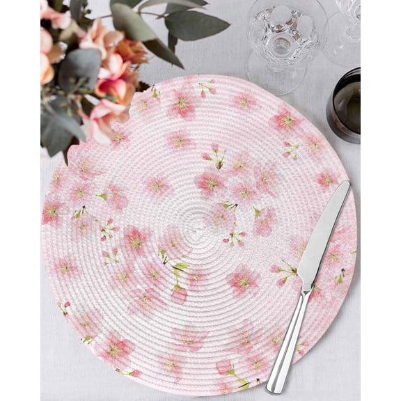 13 Inch Round Placemats Set of 4, Pink Floral Non Slip Heat Insulation PP Table Mats, Modern Farmhouse Aesthetic Shabby Chic Flower Washable Place Mats for Kitchen Dining Party Table Decor