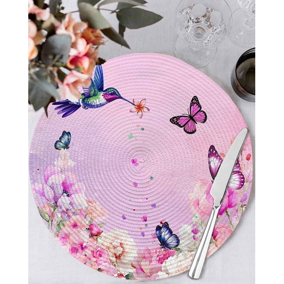 13 Inch Round Placemats Set of 4, Pink Flower Non Slip Heat Insulation PP Table Mats, Spring Floral Butterfly Elegant Pastoral Birds Washable Place Mats for Kitchen Dining Party Table Decor