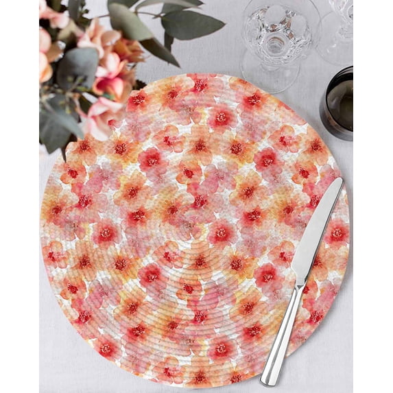 13 Inch Round Placemats Set of 4, Pink Flowers Non Slip Heat Insulation PP Table Mats, Pastoral Floral Leaves Botanical Rustic Washable Place Mats for Kitchen Dining Party Table Decor