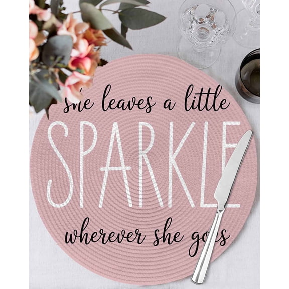 13 Inch Round Placemats Set of 4, Pink Non Slip Heat Insulation PP Table Mats, She Leaves A Little SPARKLE Wherever She Goes Washable Place Mats for Kitchen Dining Party Table Decor