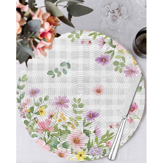 13 Inch Round Placemats Set of 4, Pink Purple Flower Non Slip Heat Insulation PP Table Mats, Spring Country Floral Leaf Grey Plaid Washable Place Mats for Kitchen Dining Party Table Decor