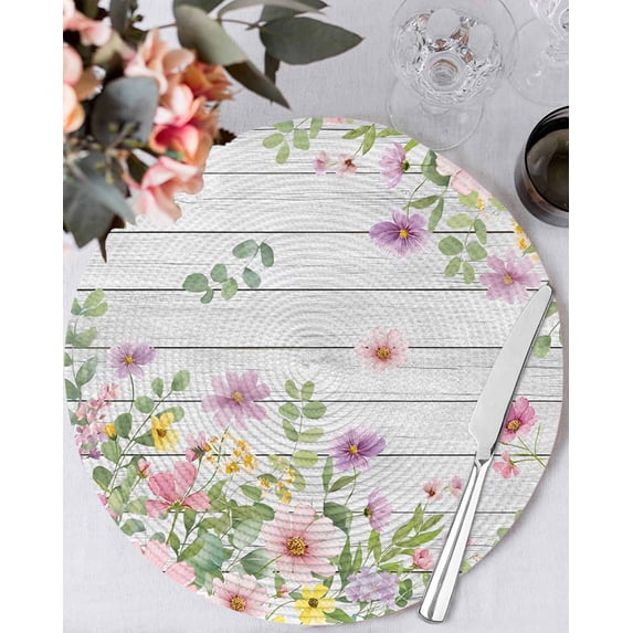 13 Inch Round Placemats Set of 4, Pink Purple Flower Non Slip Heat Insulation PP Table Mats, Spring Farmhouse Floral Leaf Wood Grain Washable Place Mats for Kitchen Dining Party Table Decor