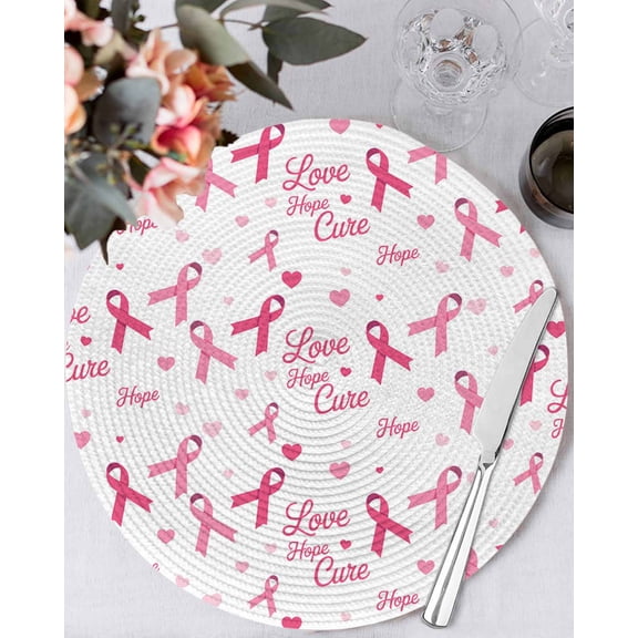 13 Inch Round Placemats Set of 4, Pink Ribbon Non Slip Heat Insulation PP Table Mats, Love Heart Vintage Preppy Washable Place Mats for Kitchen Dining Party Table Decor