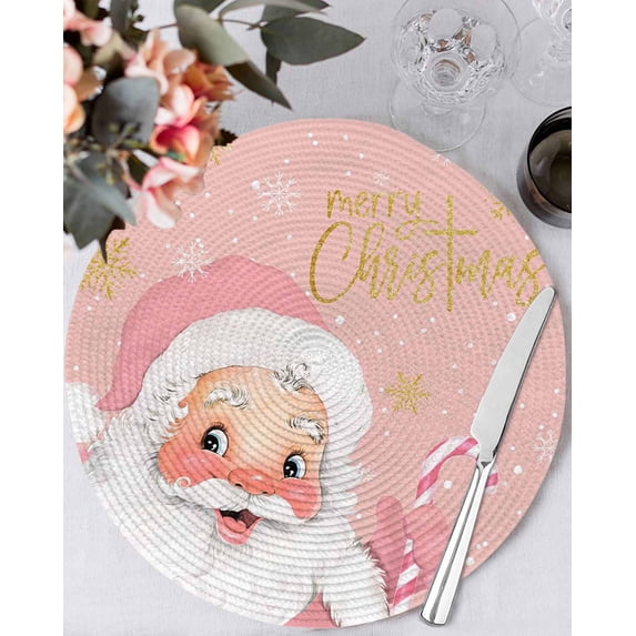 13 Inch Round Placemats Set of 4, Pink Santa Christmas Non Slip Heat Insulation PP Table Mats, Merry Christmas Snowflake Washable Place Mats for Kitchen Dining Party Table Decor