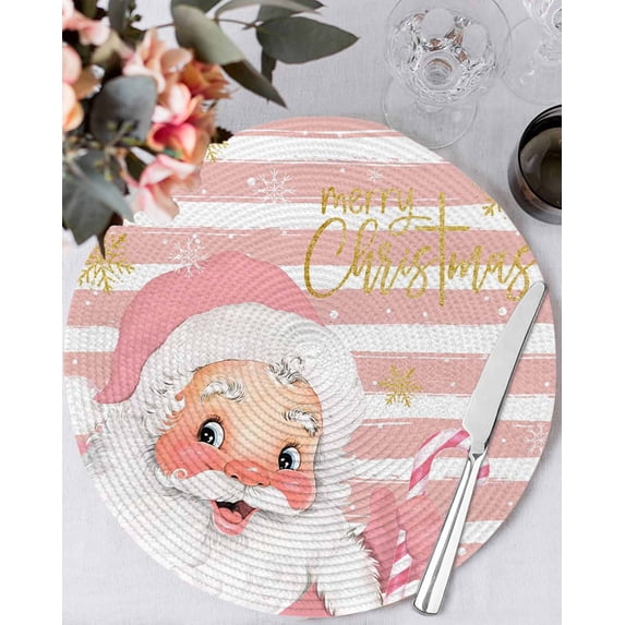 13 Inch Round Placemats Set of 4, Pink Santa Christmas Non Slip Heat Insulation PP Table Mats, Snowflake Xmas Pink Striped Washable Place Mats for Kitchen Dining Party Table Decor