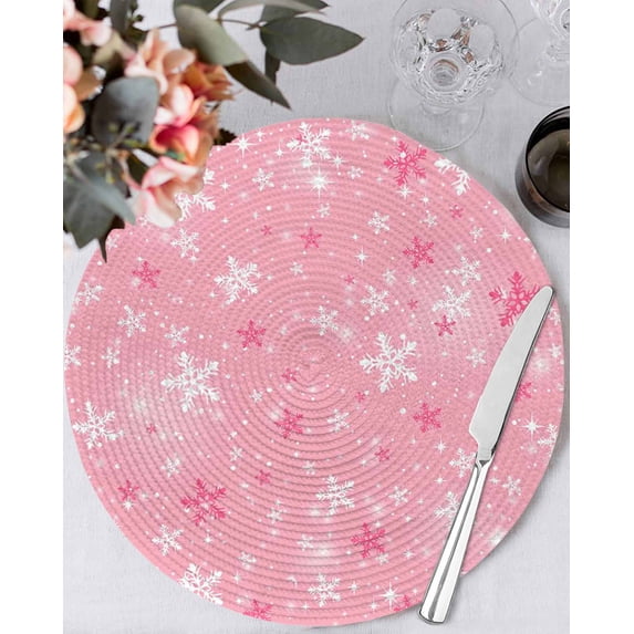 13 Inch Round Placemats Set of 4, Pink Snowflake Christmas Non Slip Heat Insulation PP Table Mats, Winter Xmas Snowflake Washable Place Mats for Kitchen Dining Party Table Decor