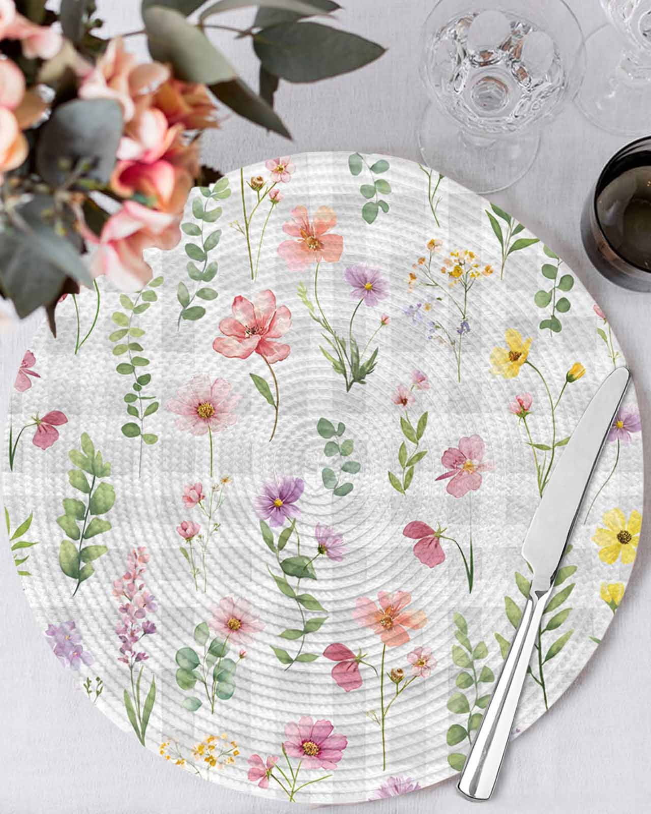 13 Inch Round Placemats Set of 4, Pink Spring Floral Non Slip Heat Insulation PP Table Mats, Flowers Botanical Elegant Grey Checkered Washable Place Mats for Kitchen Dining Party Table Decor