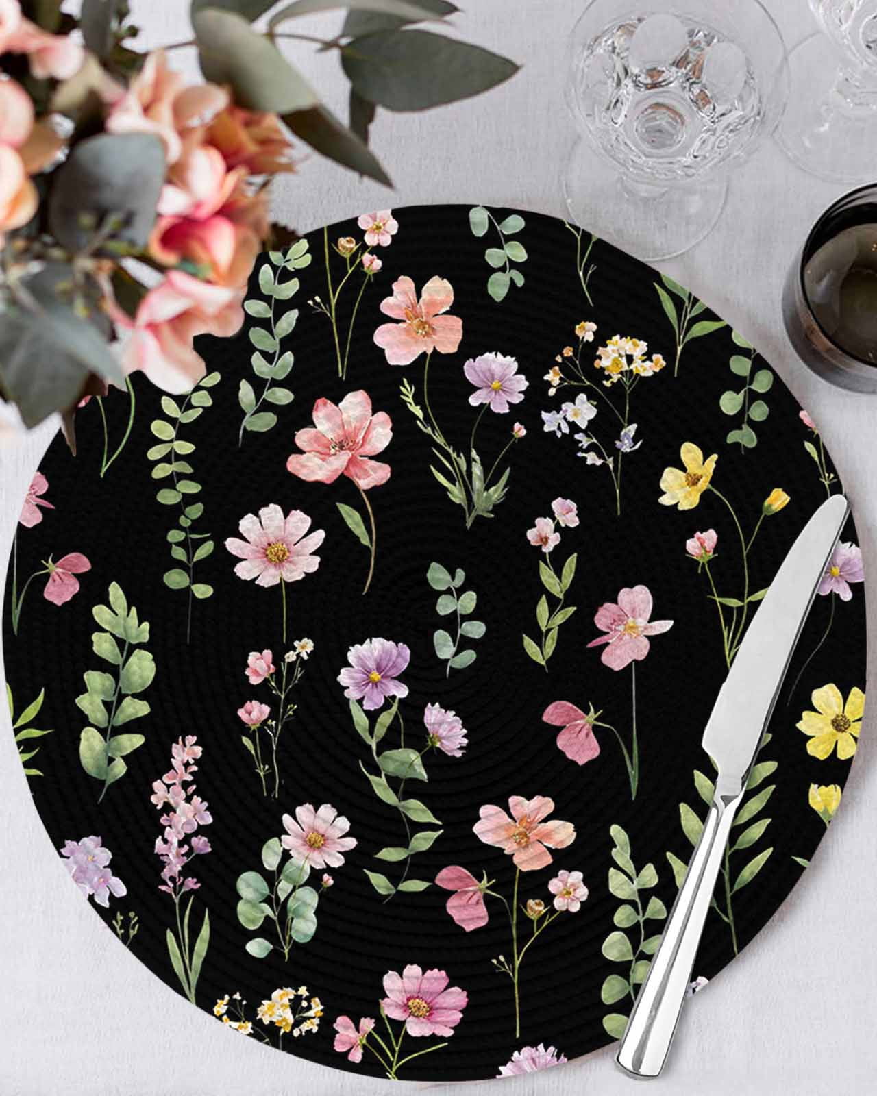 13 Inch Round Placemats Set of 4, Pink Spring Floral Non Slip Heat Insulation PP Table Mats, Flowers Botanical Elegant Pastoral Black Washable Place Mats for Kitchen Dining Party Table Decor