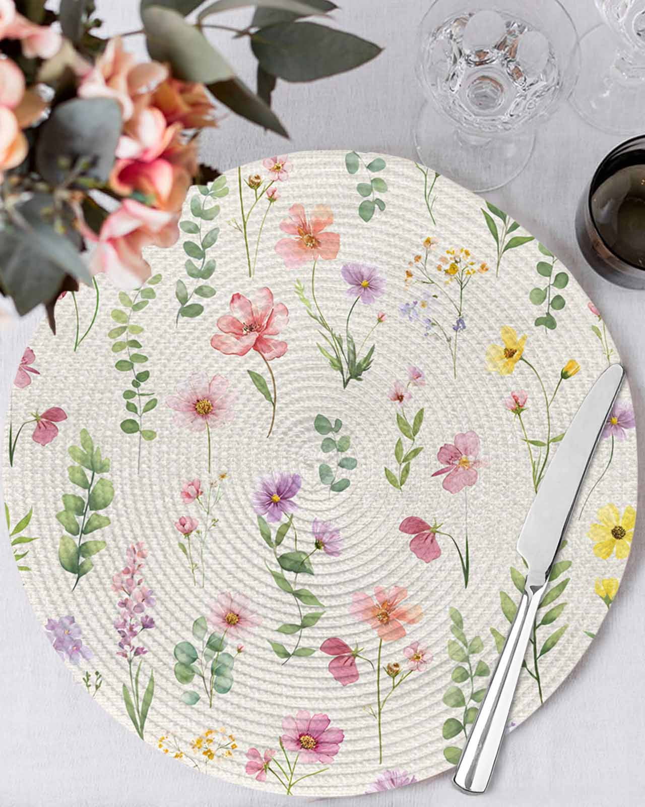 13 Inch Round Placemats Set of 4, Pink Spring Floral Non Slip Heat Insulation PP Table Mats, Flowers Elegant Pastoral Rustic Washable Place Mats for Kitchen Dining Party Table Decor