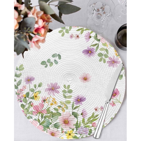 13 Inch Round Placemats Set of 4, Pink Spring Floral Non Slip Heat Insulation PP Table Mats, Watercolor Botanical Wildflowers Washable Place Mats for Kitchen Dining Party Table Decor