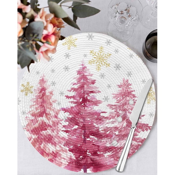 13 Inch Round Placemats Set of 4, Pink Trees Christmas Non Slip Heat Insulation PP Table Mats, Xmas Tree Snowflake Winter Washable Place Mats for Kitchen Dining Party Table Decor