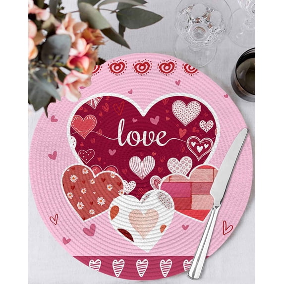13 Inch Round Placemats Set of 4, Pink Valentines Day Non Slip Heat Insulation PP Table Mats, Love Hearts Romantic Farmhouse Washable Place Mats for Kitchen Dining Party Table Decor