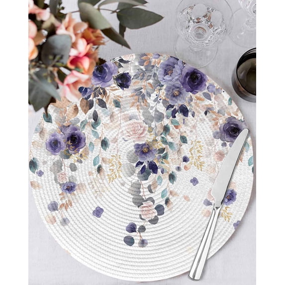 13 Inch Round Placemats Set of 4, Purple Flowers Non Slip Heat Insulation PP Table Mats, Spring Floral Elegant Pastoral Watercolor Washable Place Mats for Kitchen Dining Party Table Decor