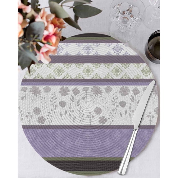 13 Inch Round Placemats Set of 4, Purple Geometric Non Slip Heat Insulation PP Table Mats, Stripes Boho Spring Flowers Country Rural Washable Place Mats for Kitchen Dining Party Table Decor