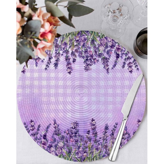 13 Inch Round Placemats Set of 4, Purple Lavender Non Slip Heat Insulation PP Table Mats, Spring Watercolor Wildflowers Plant Plaid Washable Place Mats for Kitchen Dining Party Table Decor
